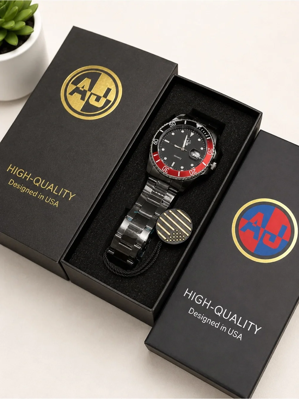 AJ Black Stainless Steel Diver Watch Quartz Rotating Bezel Date New in Box